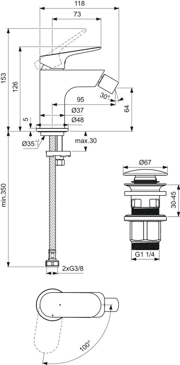 Ideal Standard Ceralife O Bidetarmatur mit Push-Open Ventil, BlueStart, Chrom, 95 mm