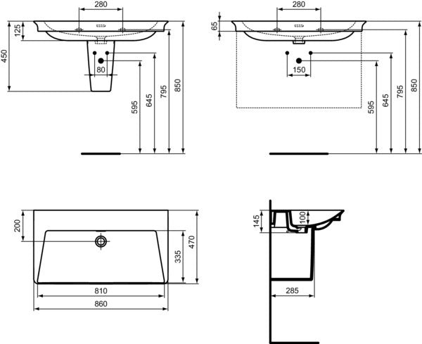 Ideal Standard La Dolce Vita Möbelwaschtisch 860 mm ohne Hahnloch mit Überlauf Weiß