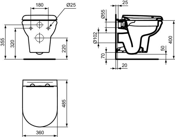 Ideal Standard Exacto Wand-WC-Kombipaket, randlos, mit Softclosing WC-Sitz, 360x485x405mm, Weiß