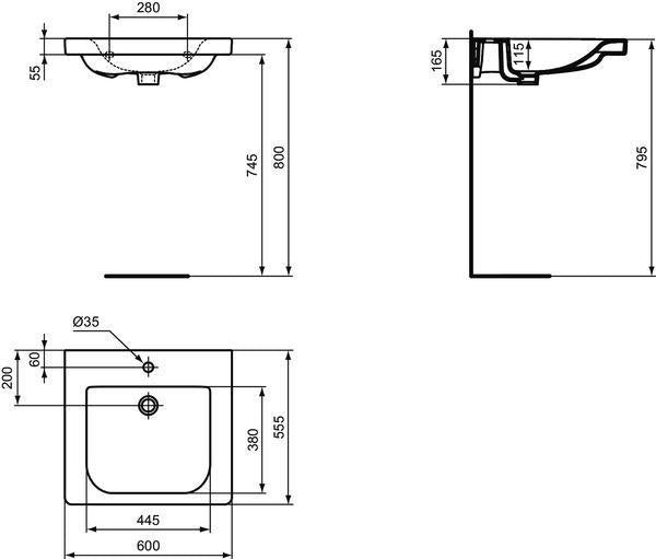 Ideal Standard Waschtisch Connect Freedom 600 mm, weiß, ohne Überlauf, unterfahrbar, barrierefrei