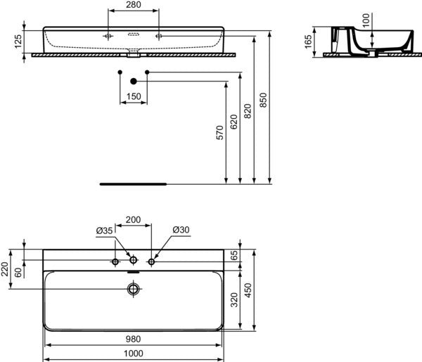 Ideal Standard Conca Aufsatzwaschtisch 1000x450 mm Weiß mit 3 Hahnlöchern und Überlauf
