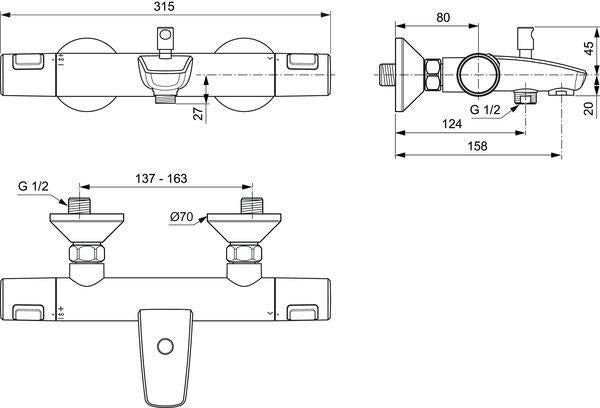 Ideal Standard Badethermostat AP Ceratherm T25, Ausladung 158 mm, Chrom – mit Verbrühschutz