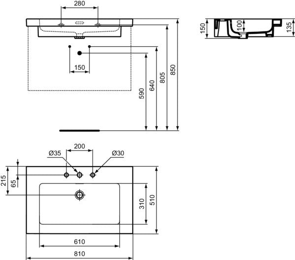 Ideal Standard Möbelwaschtisch Extra 810x510mm Weiß mit 3 Hahnlöchern und Überlauf