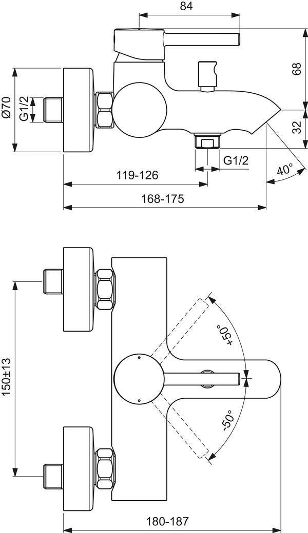 IDEAL STANDARD Ceraline Badearmatur Aufputz Chrom mit Umstelleinheit und Wassersparposition