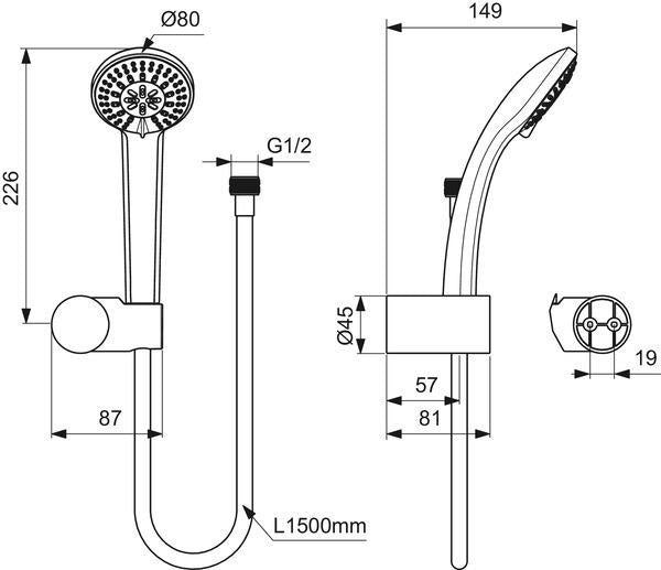 Ideal Standard Idealrain Handbrause-Set: 1-Funktion, 80 mm Chrom, mit Schlauch & Halterung