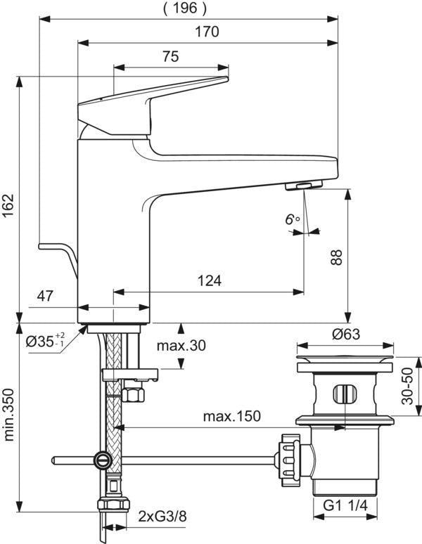 Ideal Standard Ceraplan Waschtischarmatur H90 mit Ablaufgarnitur, Ausladung 124 mm, Chrom