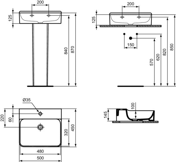 Ideal Standard Conca Aufsatzwaschtisch 500x450x145mm, 1 Hahnloch, ohne Überlauf, Weiß