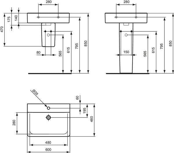 Ideal Standard Connect Cube Waschtisch 600x460mm Weiß, 1 Hahnloch, ohne Überlauf
