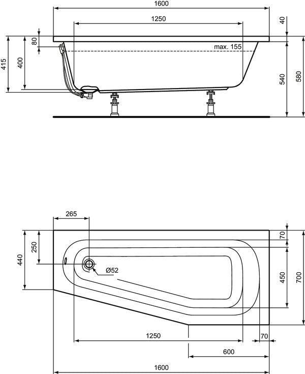 Ideal Standard Raumspar-Badewanne Hotline Neu 1600x700mm asymmetrisch rechts Weiß