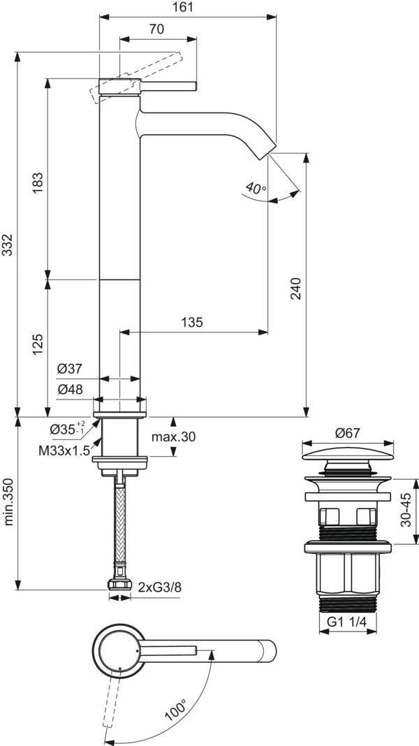 IDEAL STANDARD Ceraline Nuovo Waschtischarmatur 135 mm mit Push-Open Ventil, Chrom