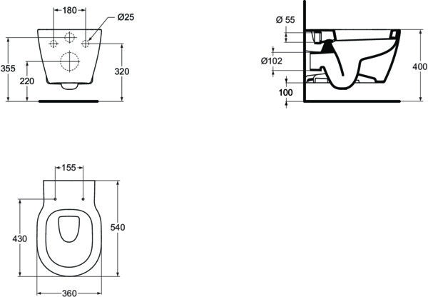 Ideal Standard Wandtiefspül-WC Connect 360x540x340 mm Weiß – Kristallporzellan, 4,5/6 l