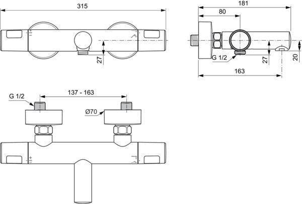 IDEAL STANDARD Badethermostat AP Ceratherm T25 N Ausladung 163 mm Chrom – wandmontiert, verchromt