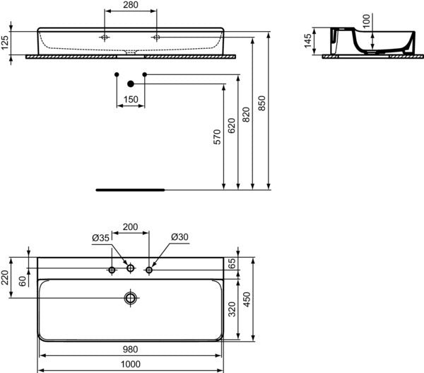 Ideal Standard Conca Aufsatzwaschtisch 1000x450x145 mm, 3 Hahnlöcher, ohne Überlauf, Weiß