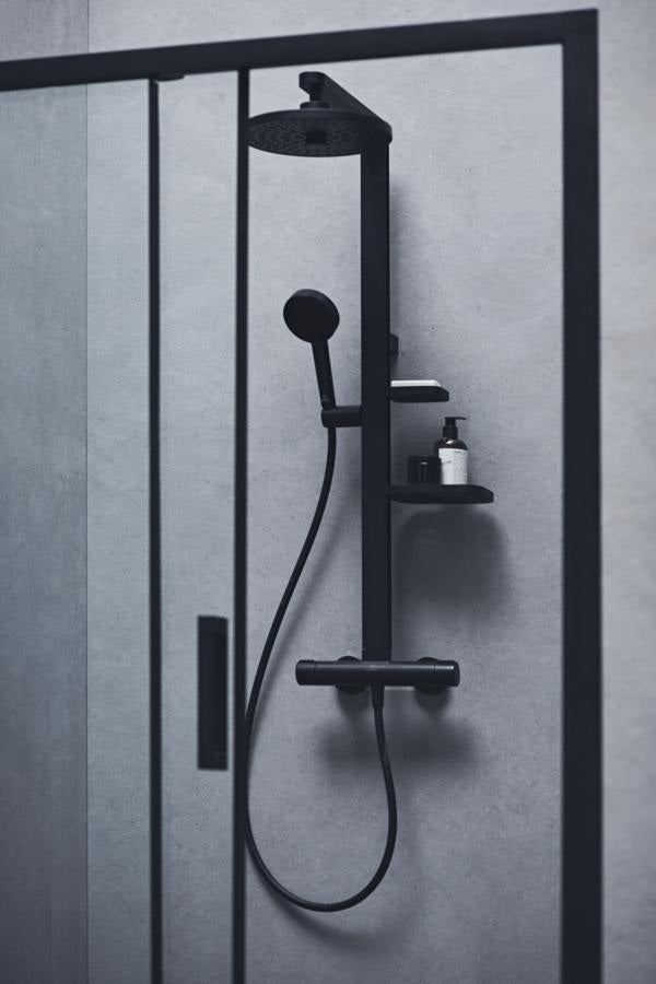 Ideal Standard Duschsystem Ceratherm Alu+ mit Thermostat, Kopf- und Handbrause, 2 Ablagen, Silber