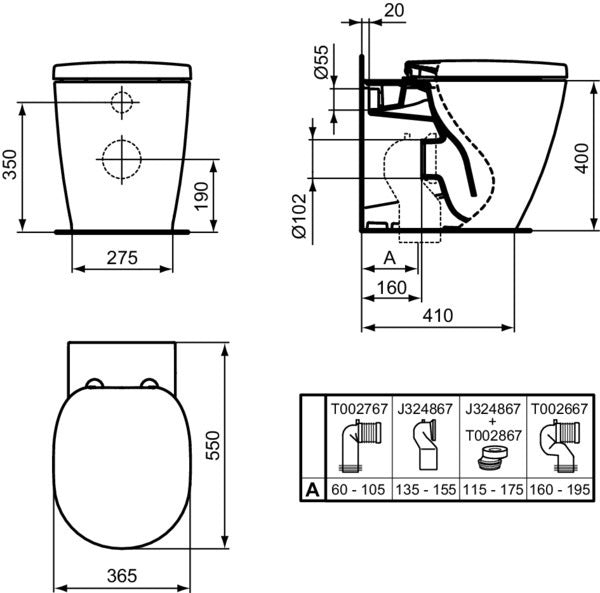 Ideal Standard Stand-T-WC Connect AquaBlade, Abgang waagerecht, 370x550x400 mm, Weiß