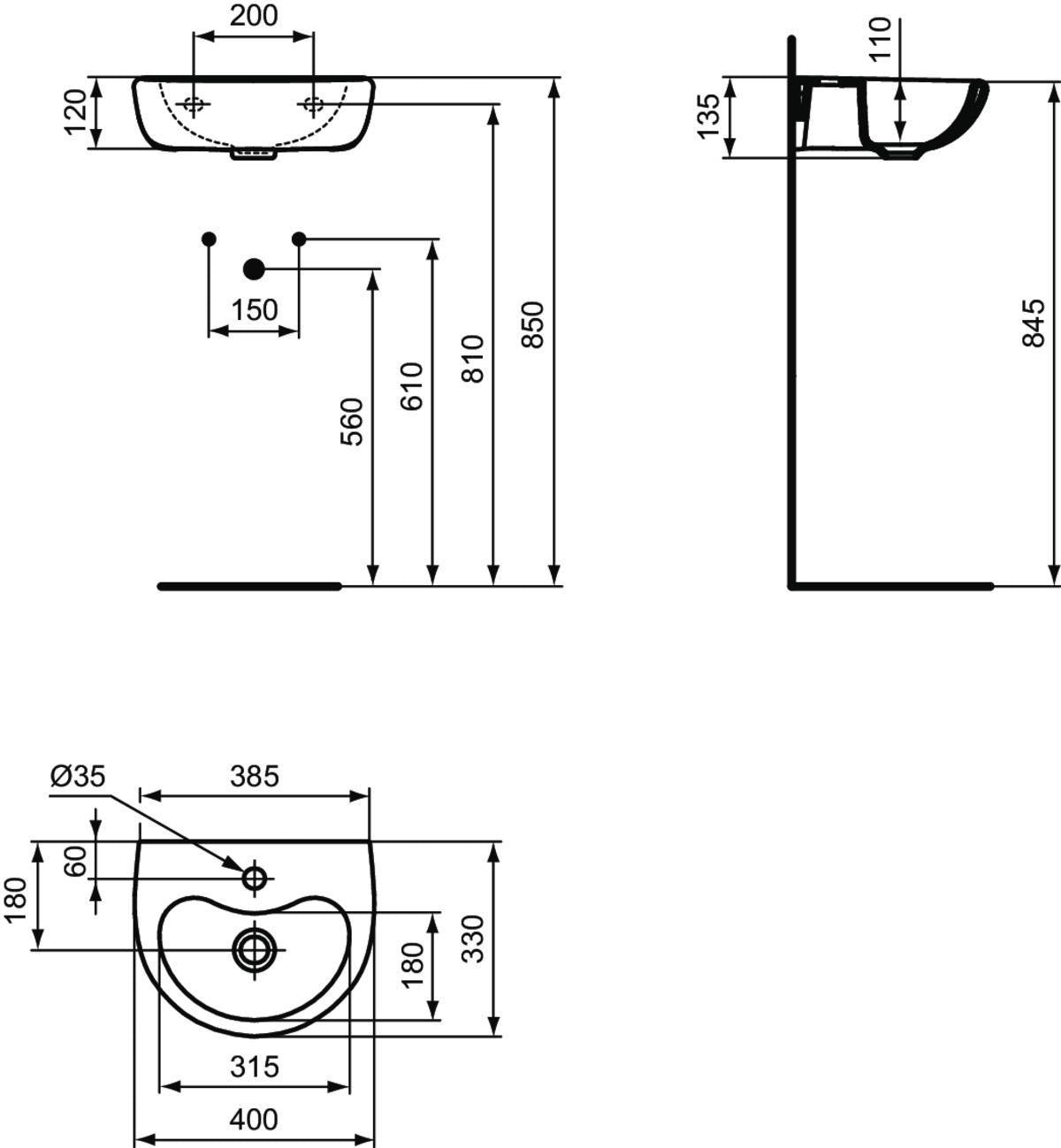 Ideal Standard Waschtisch Contour 21 Schools 600 mm Weiß ohne Überlauf – Wandmontage
