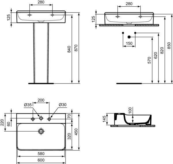 Ideal Standard Conca Aufsatzwaschtisch 600x450x145 mm Weiß, 3 Hahnlöcher, ohne Überlauf