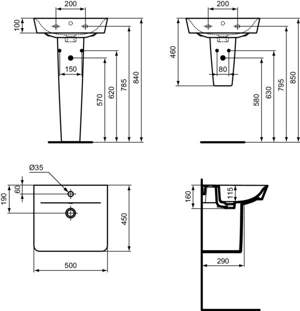 Ideal Standard Connect Air Waschtisch 500x450mm, 1 Hahnloch, mit Überlauf, Weiß