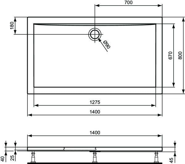 Ideal Standard Ultra Light Rechteck-Brausewanne 1800x800x45mm Weiß – Sanitäracryl, flacher Einbau