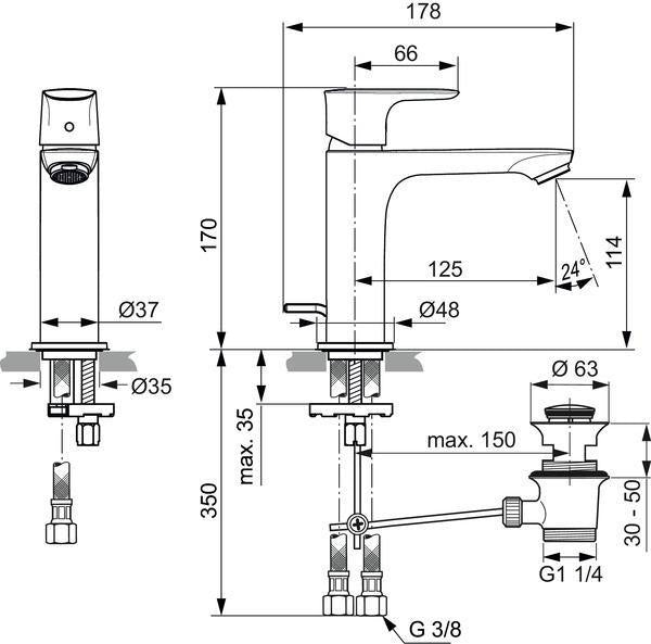 IDEAL STANDARD Connect Air Waschtischarmatur Grande Slim 125 mm mit Ablaufgarnitur Chrom
