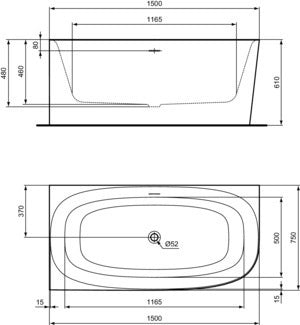 Ideal Standard D-Form-Badewanne Dea 1500x750x610 mm Weiß für Wandanbindung links mit Ablauf
