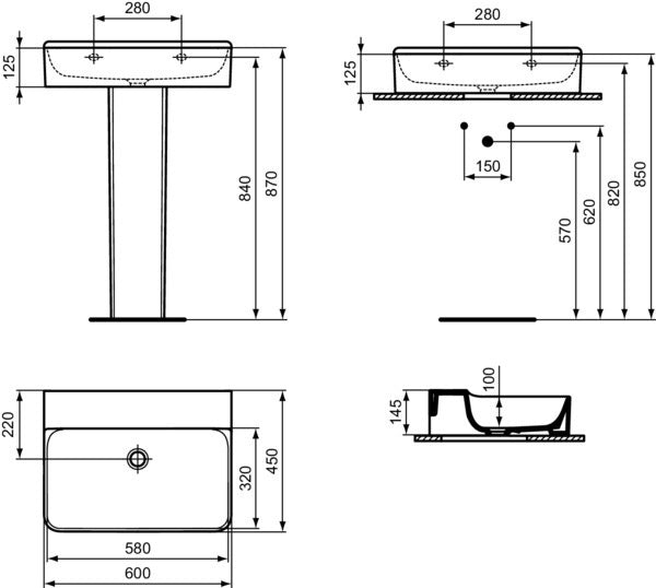 Ideal Standard Conca Aufsatzwaschtisch 600x450x145 mm Weiß, ohne Hahnloch & Überlauf