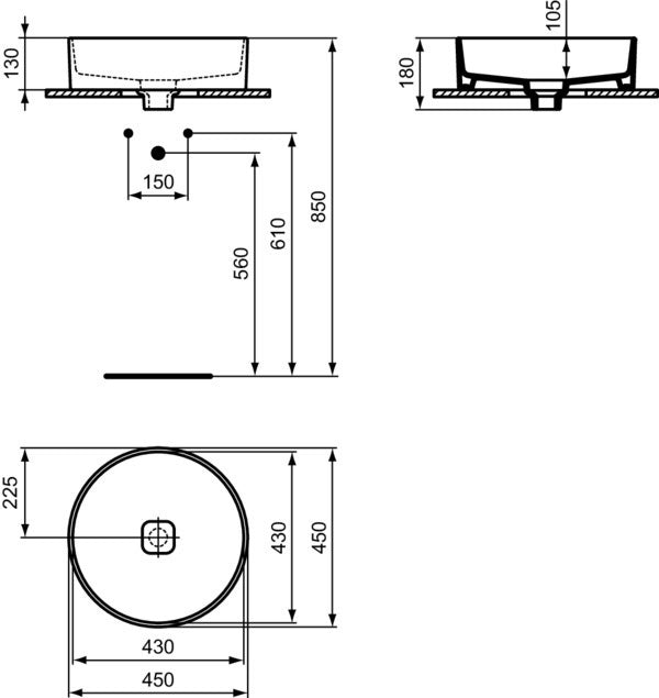 Ideal Standard Aufsatzwaschtisch Strada II 450x450x180mm Weiß ohne Hahnloch und Überlauf