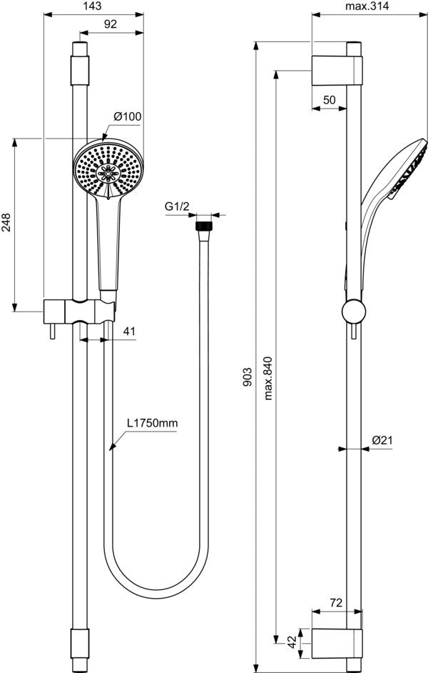 Ideal Standard Idealrain Pro Brausekombination 600 mm mit 3-Funktionshandbrause Chrom