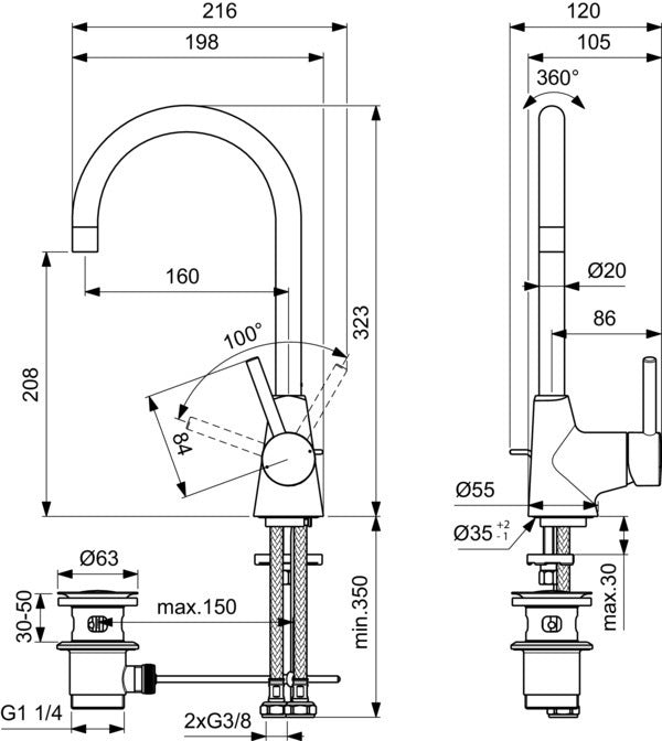 IDEAL STANDARD Ceraline Waschtischarmatur mit hohem Auslauf, 160 mm Ausladung, Chrom