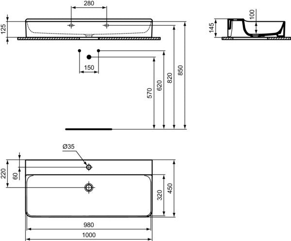 Ideal Standard Conca Aufsatzwaschtisch 1000x450 mm, 1 Hahnloch, ohne Überlauf, Weiß