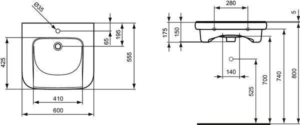 Ideal Standard Contour 21 Waschtisch 600 mm weiß, unterfahrbar, ohne Hahnloch
