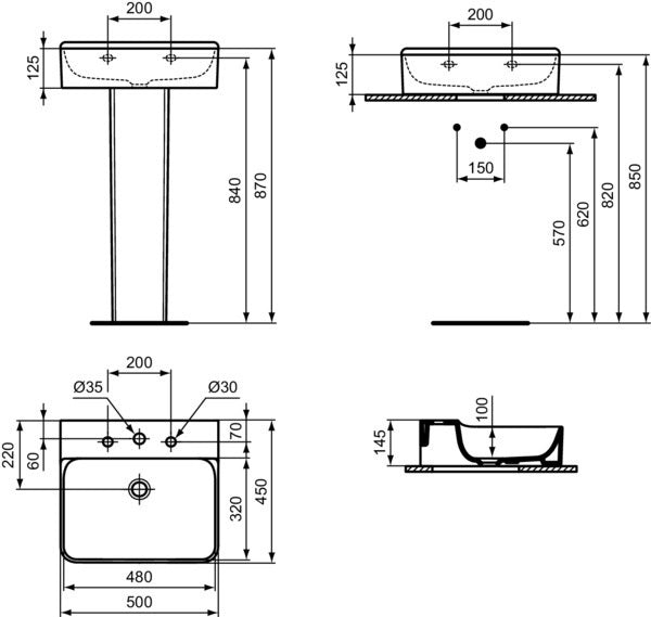 IDEAL STANDARD Conca Aufsatzwaschtisch 500x450x145 mm Weiß mit 3 Hahnlöchern