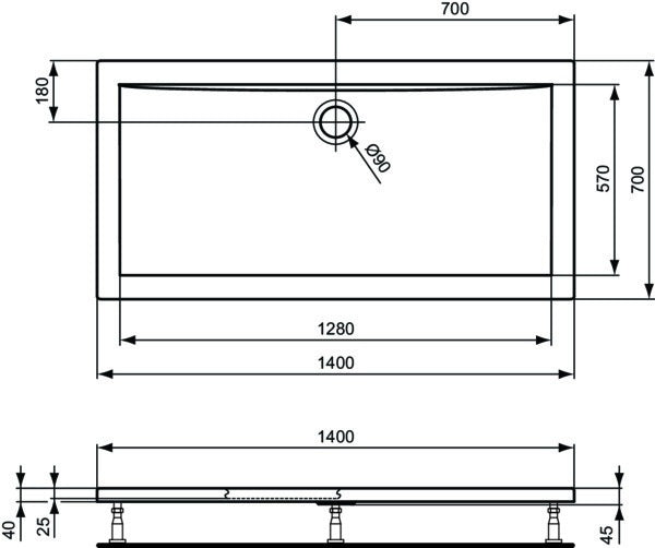 IDEAL STANDARD Ultra Light Rechteck-Brausewanne 900x700x45 mm Weiß – ultraflach
