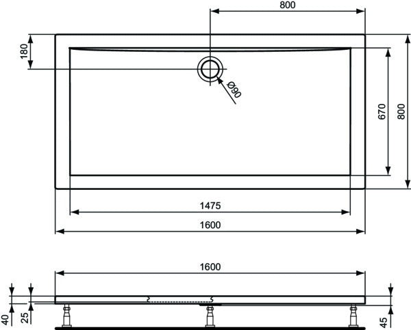 Ideal Standard Ultra Light Rechteck-Brausewanne 1800x800x45mm Weiß – Sanitäracryl, flacher Einbau