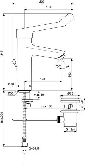 Ideal Standard Ceraplus Grande Waschtischarmatur mit Klinikhebel und Ablaufgarnitur, 123 mm Ausladung, Chrom
