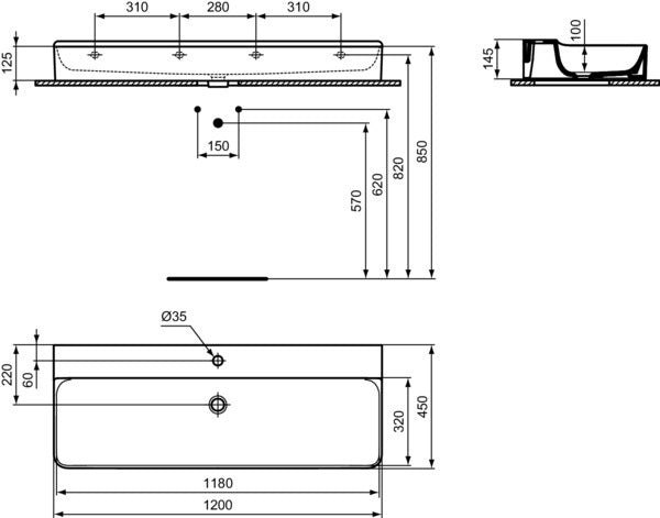 Ideal Standard Conca Aufsatzwaschtisch 1200x450x145mm, 1 Hahnloch, ohne Überlauf, Weiß, geschliffen