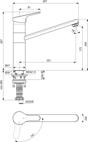 Ideal Standard Cerafit Küchenarmatur Chrom, hoher Rohrauslauf, Niederdruck, 221 mm Ausladung