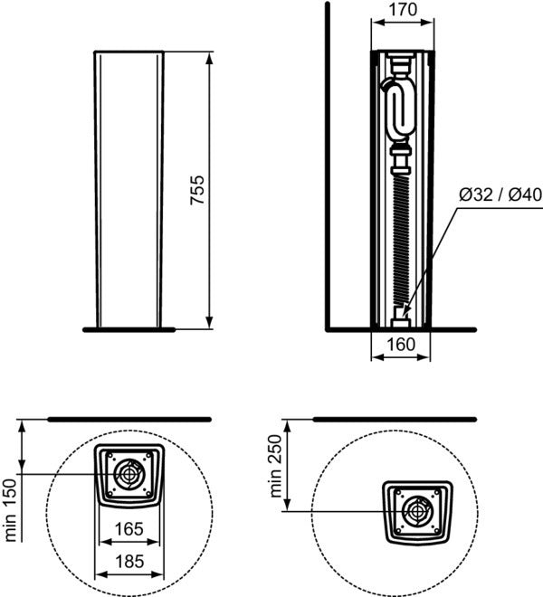 Ideal Standard Standsäule Conca für Schalen eckig 185x170x755mm Weiß – Feinfeuerton