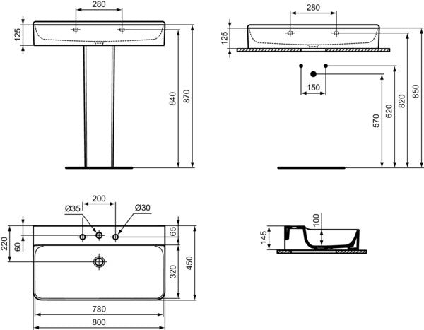 Ideal Standard Conca Aufsatzwaschtisch 800x450x145 mm, 3 Hahnlöcher, ohne Überlauf, Weiß