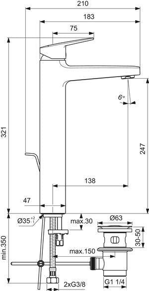 Ideal Standard Ceraplan H250 Waschtischarmatur mit Ablaufgarnitur, 138 mm Ausladung, Chrom