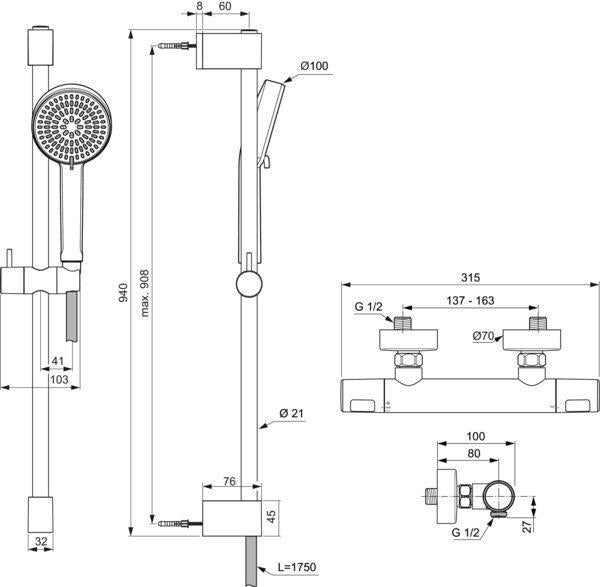 IDEAL STANDARD Brausekombination Ceratherm T25 N 900 mm mit Thermostat, 2-Funktions-Handbrause, Chrom
