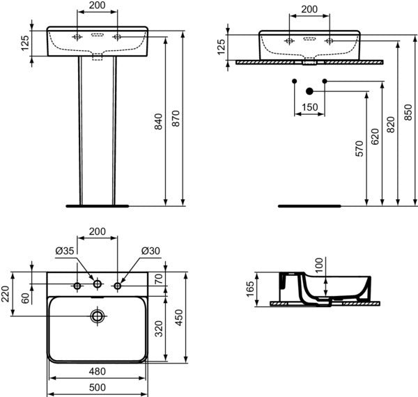 IDEAL STANDARD Waschtisch Conca 500x450x165 mm, 3 Hahnlöcher, mit Überlauf, Weiß