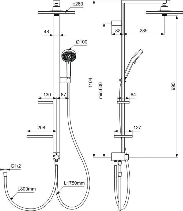 IDEAL STANDARD Duschsystem Ceratwist Alu+ Silk Black mit Kopf- und Handbrause, 2 Ablagen, ohne Armatur