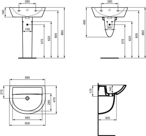 Ideal Standard Eurovit Waschtisch 600x470x160mm Weiß ohne Hahnloch mit Überlauf