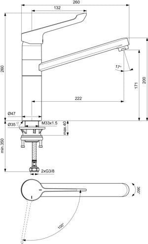 IDEAL STANDARD Ceraflex Küchenarmatur mit Klinikhebel und hohem Rohrauslauf, 222 mm Ausladung, Chrom