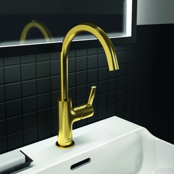 Ideal Standard Joy Waschtischarmatur mit hohem Auslauf, Brushed Gold, 169 mm, ohne Ablaufgarnitur