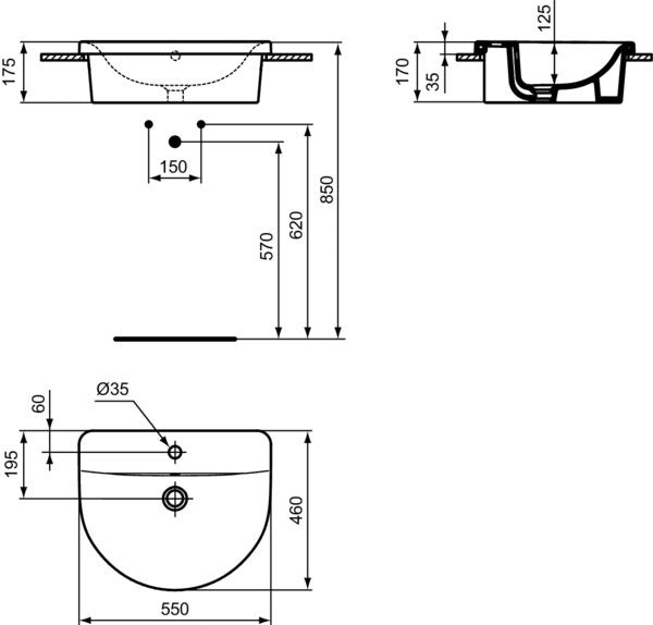 Ideal Standard Einbauwaschtisch Connect 550x460x175 mm Weiß – Keramik mit 1 Hahnloch & Überlauf