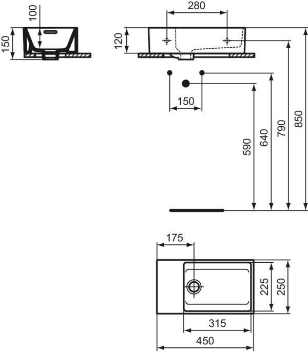 Ideal Standard Handwaschbecken Extra 450x250x150mm Weiß, ohne Hahnloch, mit Überlauf, Ablage links