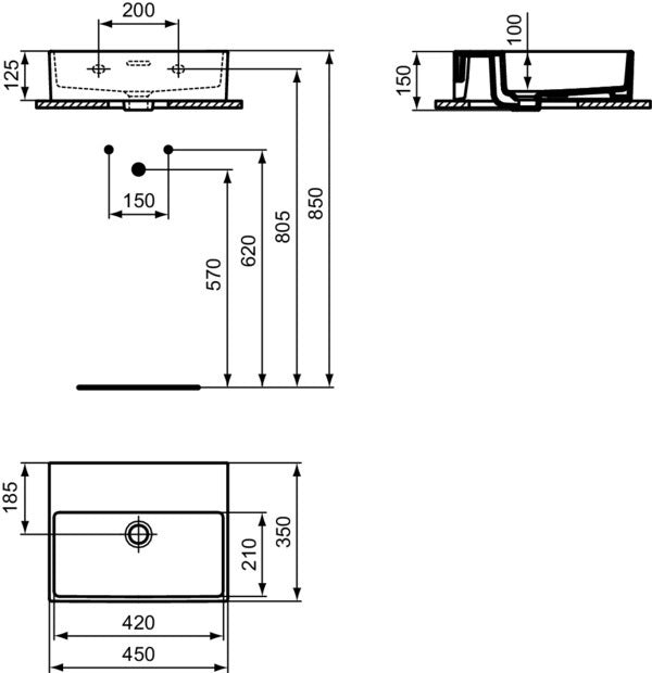 IDEAL STANDARD Handwaschbecken Extra 450x350x150mm Weiß ohne Hahnloch mit Überlauf