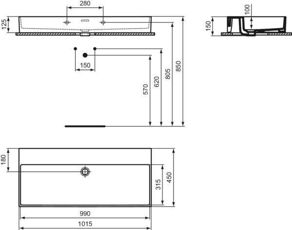 Ideal Standard Waschtisch Extra 1015 mm ohne Hahnloch mit Überlauf Weiß